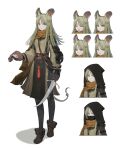  1girl animal_ears armor bag bangs boots breasts character_sheet cloak closed_eyes dagger expressions eyebrows_visible_through_hair full_body green_eyes green_hair highres holding hood jun_(seojh1029) knife long_hair looking_at_viewer mouse_ears mouse_girl mouse_tail original pouch scarf smile standing staring tail weapon white_background 