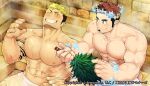  2boys abs arm_tattoo banya_(sauna) bara blush brown_hair character_request facial_hair goatee large_pectorals male_focus mature_male multicolored_hair multiple_boys muscular muscular_male naked_towel naop_(anything) navel nipples official_art plant pointy_ears sauna scar scar_across_eye short_hair sideburns snowflakes steam stomach sweat tattoo tokyo_houkago_summoners tomte_(tokyo_houkago_summoners) towel towel_around_waist two-tone_hair white_hair 