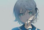  1girl aqua_eyes grey_background grey_hair hair_between_eyes hair_ribbon highres looking_at_viewer mouth_hold omutatsu original portrait ribbon shadow short_hair simple_background solo 