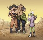  !? 1girl 2boys abs bara belt black_eyes black_hair blush broly_(dragon_ball_super) bulge character_request cheek_kiss clothes_around_waist colored_skin couple dark_skin dark_skinned_male dragon_ball dragon_ball_super dragon_ball_super_broly full_body green_skin hano_(hanos91) interracial kiss large_pectorals male_cleavage medium_hair multiple_boys muscular muscular_male nipples ok_sign scar scar_on_cheek scar_on_chest scar_on_face shirt shirt_around_waist shirtless short_hair size_difference son_goku spiked_hair standing stomach taking_picture yaoi 