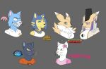  animal_crossing ankha_(animal_crossing) anthro blue_body blue_eyes canid canine cartoon_network crazy_eyes digimon digimon_(species) domestic_cat eyebrows felid feline felis female female/female fox fur group headshot_portrait hello_kitty_(character) hello_kitty_(series) hi_res looking_at_viewer mae_borowski mammal nicole_watterson night_in_the_woods nintendo orange_eyes portrait renamon sanrio simple_background smiley_face taomon teeth the_amazing_world_of_gumball video_games white_body yellow_body 