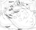  2018 5_fingers absurd_res after_vore anthro belly big_belly building dialogue english_text fangs fierglief fingers green_eyes group hand_on_stomach hi_res huge_thighs hyper hyper_belly hyper_thighs male mammal nude open_mouth overweight sharp_teeth speech_bubble struggling_prey teeth text thick_thighs vore waving_hand 
