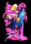  1girl alcohol beer beer_can beer_mug black_background can chair cup elephant from_behind hair_bun hair_ribbon happy mug office_chair on_chair open_mouth original puddle purple_eyes purple_hair ribbon saliva senmu_(0107) short_hair simple_background sitting skirt solo tentacles 