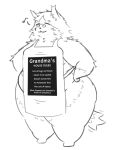  age_difference anthro apron capcom clothing english_text eyewear felid felyne female glasses grammeowster_chef line_art lynian mammal mature_female monster_hunter motion_lines musical_note older_female overweight overweight_anthro overweight_female palico short_stack smile solo text thick_thighs unknown_artist video_games wide_hips 