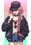  1boy astolfo_(fate) baggy_clothes belt black_nails bow braid braided_ponytail candy choker collar collarbone contemporary english_text fate/apocrypha fate_(series) fishnets food hair_bow hand_in_pocket hat heart heart-shaped_eyewear highres jacket kiritani846 lollipop long_hair looking_at_viewer male_focus nail_polish one_eye_covered otoko_no_ko pink_hair purple_eyes shorts single_braid smile solo sunglasses tank_top tongue tongue_out 