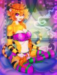  animal_humanoid bra breasts clothing digital_media_(artwork) felid felid_humanoid female fur hair hi_res humanoid legwear leonifa looking_at_viewer mammal mammal_humanoid pantherine pantherine_humanoid sitting smile smoke solo stockings stripes tiger_humanoid underwear 