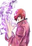 1boy aoki_masahiko closed_mouth commentary_request fingernails fire fur-trimmed_jacket fur_trim hair_over_one_eye hand_up highres jacket long_sleeves looking_at_viewer male_focus pants pink_jacket pink_pants purple_fire pyrokinesis red_eyes red_hair short_hair simple_background smile solo the_king_of_fighters the_king_of_fighters_xiv white_background yagami_iori 