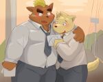  2021 anthro blush bottomwear brown_body brown_fur buchi canid canine canis clothing domestic_dog duo fur hi_res hug humanoid_hands kemono male male/male mammal mekko_rarekko morningbread16 necktie outside overweight overweight_male pants shirt topwear yamano_taishou 