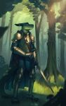  2017 absurd_res anthro armor biped clothed clothing dragon english_text forest grass green_body hi_res holding_object holding_sword holding_weapon horn itswolven male melee_weapon outside plant pupils side_view signature slit_pupils solo standing sword text tree vynn_(itswolven) weapon 