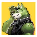  2021 5_fingers anthro black_nose canid canine canis clothed clothing dog_tags eyewear fingers fur green_body green_fur hi_res humanoid_hands live-a-hero male mammal multicolored_body multicolored_fur muscular muscular_anthro muscular_male neumokun pawpads sleeveless_shirt solo stakeho_lder sunglasses topwear two_tone_body two_tone_fur white_body white_fur wolf wolf_villain_(live-a-hero) 