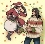  2boys alternate_costume black_eyes black_hair blush broly_(dragon_ball_super) casual christmas contemporary couple dark_skin dark_skinned_male denim dragon_ball dragon_ball_super dragon_ball_super_broly eye_contact floating full_body fur-trimmed_jacket fur-trimmed_sleeves fur_trim hano_(hanos91) hat interracial jacket jeans long_sleeves looking_at_another male_focus medium_hair motion_lines multiple_boys muscular muscular_male pants pectorals santa_costume santa_hat scar scar_on_cheek scar_on_face short_hair son_goku spiked_hair sweater yaoi 