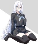  1girl alternate_costume azur_lane black_legwear blue_eyes blush breasts commentary_request eyebrows_visible_through_hair eyelashes large_breasts long_hair long_sleeves looking_at_viewer no_shoes sbs school_uniform smile solo sovetsky_soyuz_(azur_lane) thighhighs white_hair 