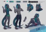  2018 anthro biped black_body blue_eyes bottomwear claws clothing emerson_(edef) english_text frill_(anatomy) green_body green_scales hi_res itswolven lizard male model_sheet multiple_poses navel pants poolside pose pupils reptile scales scalie simple_background sitting slit_pupils solo standing sweater text topwear underwear waving_hand white_background 