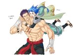  2boys ^_^ armlet asymmetrical_bangs bandaged_hands bandages bangs blue_hair bodysuit_under_clothes bracelet braid braided_ponytail capelet child closed_eyes cu_chulainn_(fate)_(all) earrings fangs fate/grand_order fate/grand_order_arcade fate_(series) fergus_mac_roich_(fate) floating_hair happy hood hood_down hooded_capelet hug jewelry korean_commentary korean_text long_hair male_focus multiple_boys muscular navel open_mouth pants ponytail puffy_pants purple_hair sandals sash scar scar_on_chest scar_on_face setanta_(fate) shirtless short_hair simple_background sloth_g_ya spiked_hair uppercut white_background 