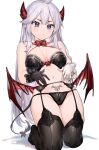  1girl absurdres ahoge bare_arms bare_shoulders black_bra black_gloves black_legwear black_panties blue_eyes bow bowtie bra breasts cleavage criss-cross_halter crotch_seam demon_girl demon_horns demon_tail demon_wings frown garter_belt gloves groin halterneck highres horns kneeling large_breasts long_hair looking_at_viewer low_wings mismatched_gloves navel neonbeat no_shoes panties pointy_ears pout pubic_tattoo shadow simple_background skindentation solo stomach string_bra string_panties tail tail_bow tail_ornament tattoo thighs underwear underwear_only v-shaped_eyebrows vei_(vtuber) very_long_hair virtual_youtuber vshojo white_background white_gloves white_hair wings 
