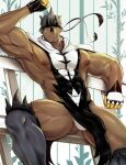  1boy abs absurdres ass_visible_through_thighs bangs bara bare_pecs biceps bulge covered_abs covered_navel dark_skin dark_skinned_male ear_piercing erection erection_under_clothes facial_hair feet_out_of_frame gen_8_pokemon grey_hair headband highres huge_nipples kimakkun large_pectorals legendary_pokemon male_focus mature_male muscular muscular_male nipples pelvic_curtain personification piercing pokemon revealing_clothes short_hair sitting solo spread_legs stomach stubble thick_thighs thighs urshifu 