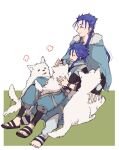  2boys 3others age_difference animal bangs belt blue_hair bracelet braid braided_ponytail capelet child closed_eyes closed_mouth cu_chulainn_(fate)_(all) cu_chulainn_(fate/grand_order) dog earrings fate/grand_order fate/grand_order_arcade fate_(series) fur-trimmed_hood fur_trim hood hood_down hooded_capelet jewelry leg_warmers long_hair male_focus multiple_boys multiple_others open_toe_shoes pants ponytail puffy_pants puppy red_eyes sandals setanta_(fate) simple_background sitting sitting_on_lap sitting_on_person sketch sleeping smile sora_itoguchi spiked_hair tail tail_wagging 