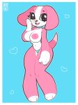  absurd_res animal_crossing anthro big_breasts big_eyes breasts canid canine canis claws collar cookie_(animal_crossing) domestic_dog female fur happy hi_res humanoid long_ears mammal mythruna nintendo open_mouth paws pink_body pink_eyes pink_fur short_tail simple_background solo thick_thighs video_games 