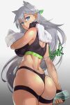  1girl animal_ears ass back blue_eyes bottle braid breasts commentary_request fake_animal_ears fingerless_gloves french_braid from_behind girls_frontline gloves hijiri jacket ksvk_(girls_frontline) large_breasts long_hair looking_at_viewer looking_back silver_hair solo sports_bikini sports_bra sweat towel water_bottle 