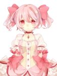  1girl arms_at_sides big_eyes breasts bubble_skirt buttons choker closed_mouth expressionless frilled_skirt frilled_sleeves frills hair_between_eyes hair_ribbon kaname_madoka looking_at_viewer maccha_(hatsune) magical_girl mahou_shoujo_madoka_magica pink_eyes pink_hair pink_ribbon puffy_short_sleeves puffy_sleeves red_choker red_neckwear ribbon shiny shiny_hair short_sleeves short_twintails simple_background skirt small_breasts solo soul_gem tareme twintails white_background white_skirt wide-eyed 