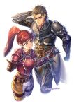  1boy 1girl armor belt black_armor breasts brown_hair eyepatch fire_emblem fire_emblem:_path_of_radiance fire_emblem_fates frostyvillager gloves haar_(fire_emblem) highres jill_(fire_emblem) long_hair long_ponytail medium_breasts open_mouth pants ponytail red_armor red_eyes red_hair simple_background twitter_username white_background 