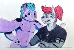  anthro canid canine canis clothing dire_wolf duo happy hi_res hyaenid male male/male mammal pencil_(object) shirt smile topwear traditional_media_(artwork) wolf ziio_martukon 