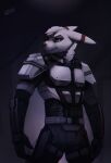  2017 anthro armor biped black_nose clothed clothing eeveelution english_text fur half-length_portrait hi_res itswolven looking_aside male markings nintendo pok&eacute;mon pok&eacute;mon_(species) portrait pose red_markings signature solo standing surge_(shadow7128) text umbreon video_games white_body white_fur x-com yellow_eyes 