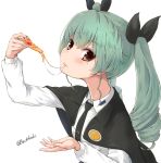  1girl anchovy_(girls_und_panzer) anzio_school_uniform bangs black_cape black_neckwear brown_eyes buchikaki cape closed_mouth commentary dress_shirt drill_hair eating eyebrows_visible_through_hair food girls_und_panzer green_hair holding holding_food long_hair long_sleeves looking_at_viewer necktie pizza_slice red_eyes school_uniform shirt simple_background solo twin_drills twintails twitter_username upper_body white_background white_shirt wing_collar 