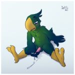  1:1 2021 anthro avian bird blue_eyes blush bodily_fluids cum erection genital_fluids genitals hi_res iztli male monotone_background nude penis signature sitting spread_legs spreading tapering_penis 