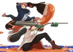  2boys aiming boots brown_hair brush denim facial_mark forehead_mark giant_brush gun highres hood itadori_yuuji jacket jeans jujutsu_kaisen jumping long_sleeves male_focus multiple_boys nagarururun one_eye_closed orange_eyes paint paint_gun pants red_eyes ryoumen_sukuna_(jujutsu_kaisen) shoes signature simple_background sneakers splatoon_(series) tattoo tongue weapon white_background 