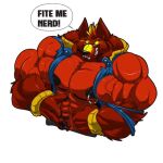  2017 anthro big_muscles big_pecs black_nipples canid canine canis clothing dialogue english_text fangs fierglief fierglief_(character) flexing fur glowing glowing_eyes grin huge_muscles hyper hyper_muscles jacket looking_at_viewer male mammal muscular muscular_anthro muscular_male nipple_piercing nipples pawpads pecs piercing red_body red_fur sharp_teeth simple_background smile solo speech_bubble teeth text topwear torn_clothing veiny_muscle white_background wolf 