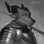  2018 anthro armor biped blue_eyes cloak clothed clothing dragon english_text greyscale hi_res holding_object holding_sword holding_weapon horn horn_ring itswolven knight looking_at_viewer male melee_weapon monochrome scalie signature solo sword text vynn_(itswolven) warrior weapon 