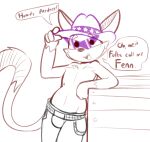  2021 4_fingers anthro belt black_bottomwear black_clothing black_pants bottomwear bulge cabinet canid canine clothed clothing colored_sketch cowboy_hat dialogue dipstick_tail dot_eyes english_text eyewear fan_character felino fenn_(felino) fennec fingers fluffy fox front_view hand_on_hat hat headgear headwear hi_res leaning looking_at_viewer male mammal multicolored_tail nipples open_mouth pants purple_clothing purple_eyewear purple_hat purple_headwear purple_sunglasses simple_background sketch smile solo speech_bubble sunglasses super_animal_royale talking_to_viewer text topless white_background 