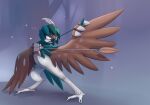  2016 ambiguous_gender anthro arrow beak biped blue_background bow_(weapon) brown_body brown_feathers brown_wings decidueye english_text feathered_wings feathers fur green_body green_feathers hi_res itswolven nintendo plant pok&eacute;mon pok&eacute;mon_(species) ranged_weapon signature simple_background solo talons text tree video_games weapon white_body white_fur wings 