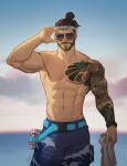  1boy abs amo9612 bara bare_pecs beard black_hair blue_male_swimwear bracelet cloud cloudy_sky cowboy_shot facial_hair glasses hair_bun hanzo_(overwatch) highres jewelry long_hair male_focus male_swimwear mature_male muscular muscular_male navel nipples overwatch pectorals short_hair sideburns signature sky solo stomach swim_trunks swimwear tattoo 