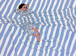  1boy 9bmmnn barefoot bed_sheet black_hair blue_stripes covering_face flat_color full_body highres ligne_claire limited_palette long_sleeves lying male_focus on_side original pajamas short_hair solo striped white_stripes 