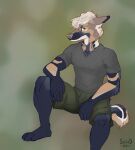  annoyed anthro bottomwear canid canine canis clothed clothing ears_back head_tuft hi_res looking_at_viewer male mammal pivoted_ears shirt shorts sitting solo sowod t-shirt tight_clothing tight_shirt tight_topwear topwear tuft wolf 