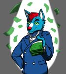  2021 anthro blue_body blue_fur canid canine clothing fur green_eyes hi_res liamdukes male mammal meme money solo suit suspiciously_wealthy_furry 