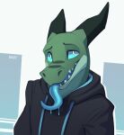  2017 anthro biped black_clothing black_hoodie black_topwear blue_eyes bodily_fluids clothed clothing dragon dripping english_text green_body green_skin hi_res hoodie horn itswolven long_tongue looking_at_viewer male portrait saliva saliva_drip scalie signature simple_background solo text tongue tongue_out topwear vynn_(itswolven) white_background 
