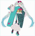  1girl alternate_costume aqua_footwear aqua_kimono argyle arm_at_side bag black_legwear black_ribbon blue_eyes blue_hair commentary dot_nose eyebrows_visible_through_hair feet_up flat_chest floral_print flower frilled_kimono frilled_sleeves frills full_body gloves gradient gradient_hair hair_flower hair_ornament hair_ribbon hakusai_(tiahszld) hand_up handbag happy hatsune_miku highres holding holding_bag japanese_clothes kimono long_hair looking_at_viewer multicolored_hair okobo open_mouth pink_flower pink_ribbon ribbon rose_print simple_background socks solo standing standing_on_one_leg symbol_commentary tabi twintails unmoving_pattern very_long_hair vocaloid white_background white_gloves 