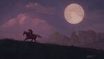  2018 absurd_res ambiguous_gender anthro biped blonde_hair brown_body brown_fur clothed clothing cloud duo english_text epona_(tloz) equid equine feral full_moon fur galloping grass hair hi_res horse humanoid hylian itswolven link mammal mane moon mountain nintendo ocarina_of_time plant quadruped riding signature sky text the_legend_of_zelda video_games white_mane white_tail 
