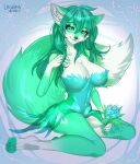  2020 anthro big_breasts breasts canid canine canis digital_media_(artwork) female flower fur green_body green_eyes green_fur hair hi_res kneeling leonifa looking_at_viewer mammal plant simple_background smile solo white_body white_fur wolf 