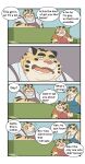  00murice 2021 anthro apron clothing comic english_text eyes_closed felid group hi_res kemono male mammal overweight overweight_male pantherine shirt sitting text tiger topwear 