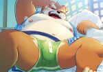  2021 allstatus3 anthro belly brown_body brown_fur bulge canid canine canis clothing domestic_dog eyes_closed fur hi_res humanoid_hands kemono lying male mammal moobs navel nipples overweight overweight_anthro overweight_male pillow solo tired underwear white_body white_fur 