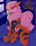  all_fours anthro anthrofied arcanine battle_tiger bed breasts canid canine female fur furniture hi_res mammal nintendo nude orange_eyes plantigrade pok&eacute;mon pok&eacute;mon_(species) pok&eacute;morph ring smile solo text video_games 