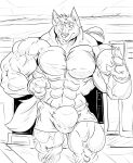  2018 5_fingers absurd_res anthro big_bulge boxers_(clothing) bulge canid canine canis clothed clothing eralo_sinret fangs fierglief fingers fist flexing hair hi_res huge_bulge huge_muscle looking_at_viewer male mammal monochrome ponytail smile solo underwear underwear_only veiny_muscle walking wolf 