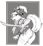  anthro big_breasts breasts canid canine canis domestic_dog female gallogally genitals greyscale huge_breasts humanoid_genitalia humanoid_pussy mammal melee_weapon monochrome pussy solo sword weapon 