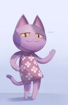  2016 ambiguous_gender animal_crossing anthro biped bob_(animal_crossing) clothing domestic_cat dress english_text felid feline felis flower_pattern itswolven large_head looking_at_viewer mammal nintendo paws pupils purple_body signature slit_pupils smile solo standing text video_games waving_hand yellow_eyes 