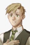  1boy alphonse_elric bangs black_vest blonde_hair close-up collared_shirt dress_shirt facing_viewer fingernails formal fullmetal_alchemist green_neckwear grey_background hand_on_own_chest hand_up light_smile long_sleeves looking_afar male_focus necktie parted_lips powerlesssong shaded_face shirt sidelighting simple_background striped striped_neckwear swept_bangs tareme teeth upper_body vest white_shirt yellow_eyes 