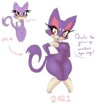  2021 anthro bit-small breasts colored dialogue eyelashes fangs featureless_breasts female genitals glistening glistening_eyes hand_on_chest hand_on_hip hi_res navel nintendo orange_eyes pok&eacute;mon pok&eacute;mon_(species) purple_body purrloin pussy simple_background solo tan_body text thick_thighs video_games white_background 
